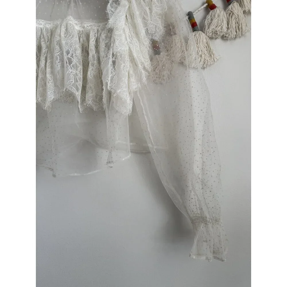 Free People Chloe Swiss Dot Lace Ruffle Sheer White Top Cottage Romantic Dainty